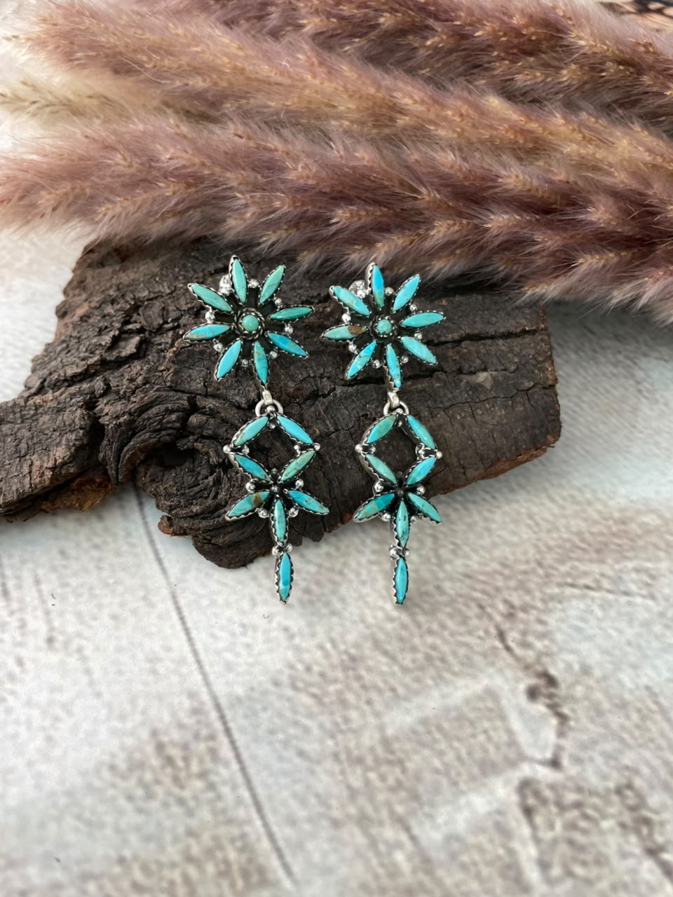 Handmade Sterling Silver Kingman Turquoise Post Dangle Earrings Signed Nizhoni