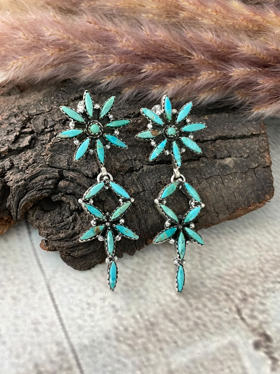 Handmade Sterling Silver Kingman Turquoise Post Dangle Earrings Signed Nizhoni