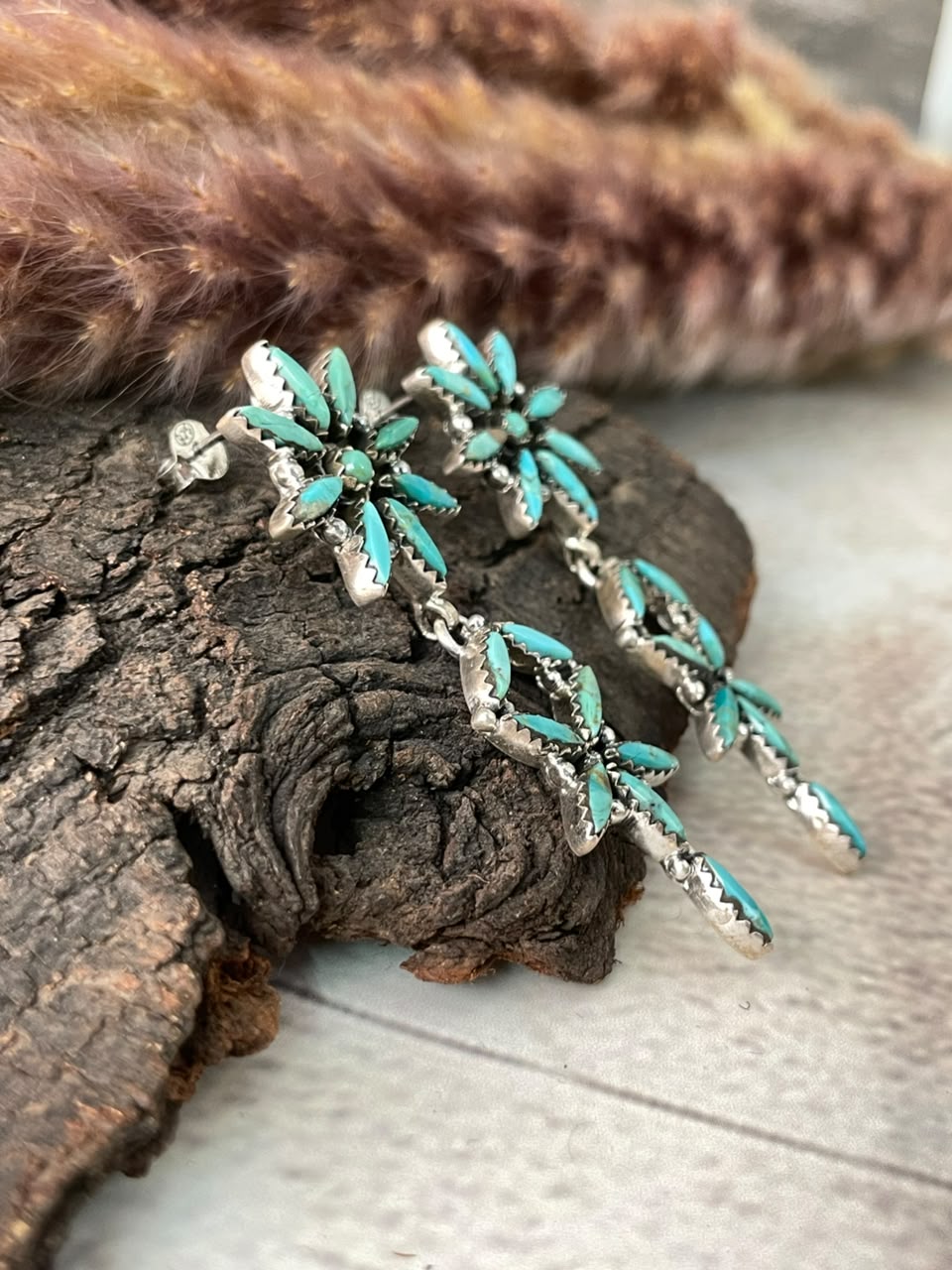 Handmade Sterling Silver Kingman Turquoise Post Dangle Earrings Signed Nizhoni
