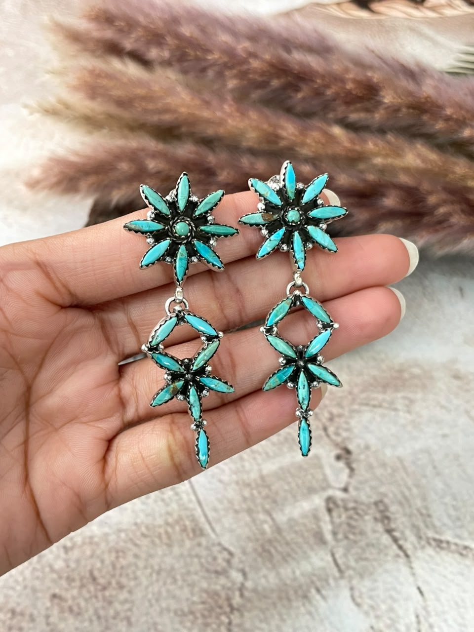 Handmade Sterling Silver Kingman Turquoise Post Dangle Earrings Signed Nizhoni