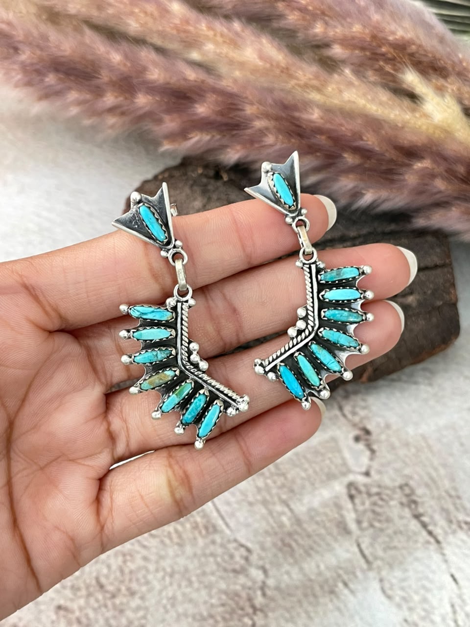 Handmade Sterling Silver Kingman Turquoise Post Dangle Earrings Signed Nizhoni