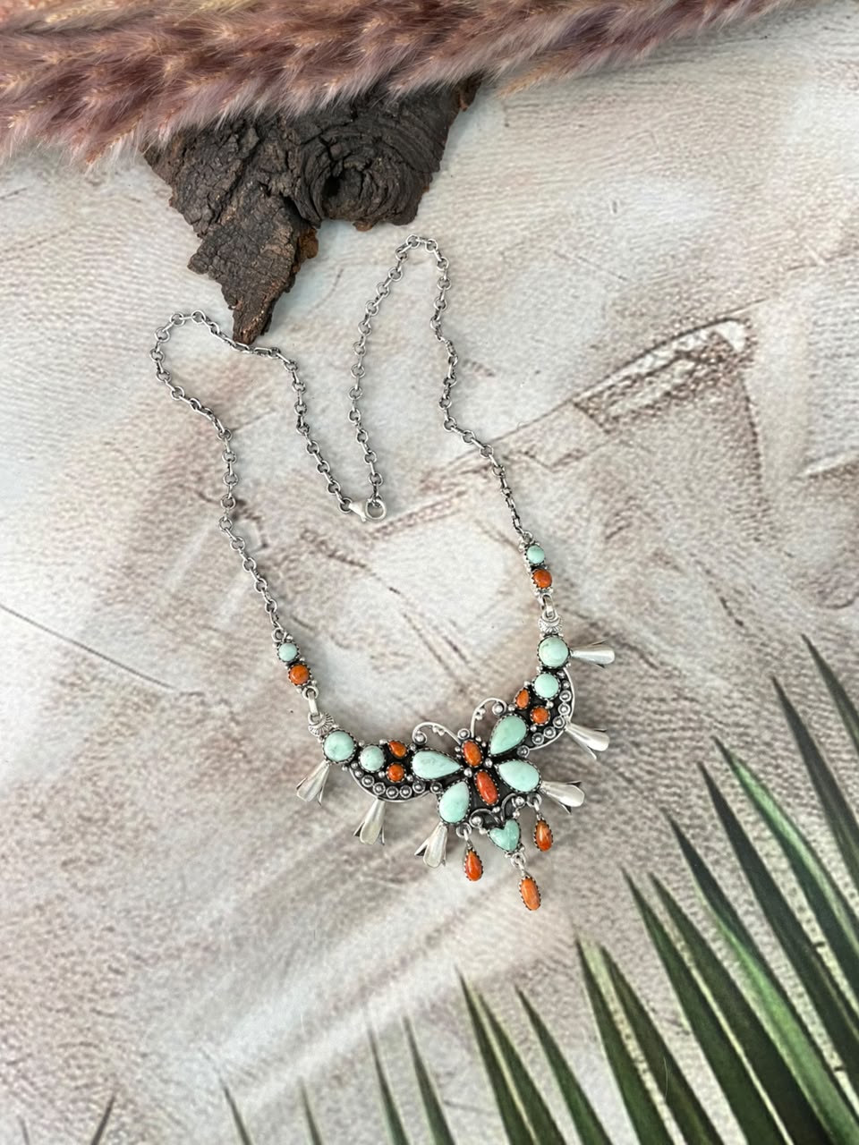 Handmade Sterling Silver Orange Mojave with Paloma Turquoise Squash Blossom Necklace Signed Nizhoni