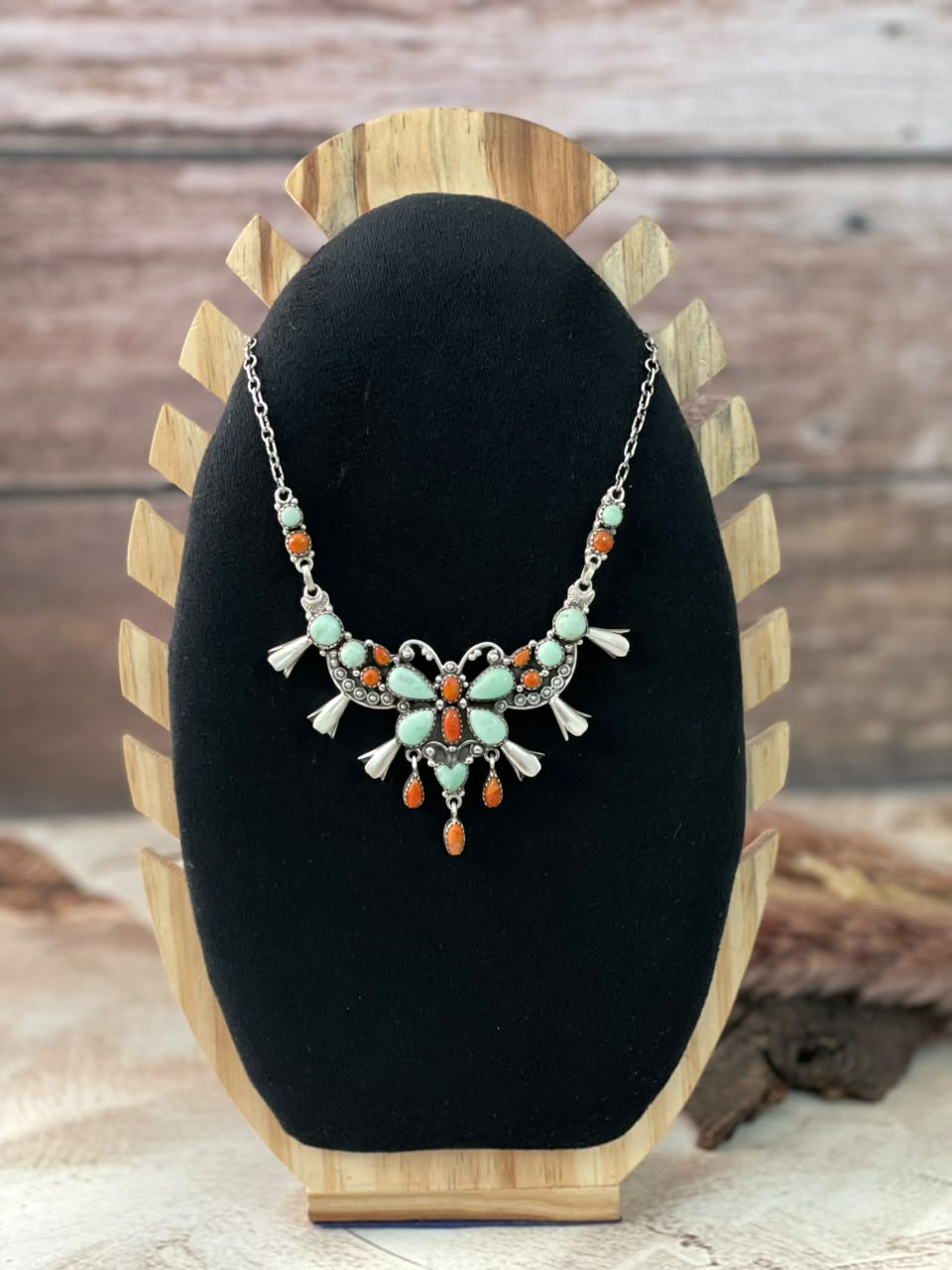 Handmade Sterling Silver Orange Mojave with Paloma Turquoise Squash Blossom Necklace Signed Nizhoni