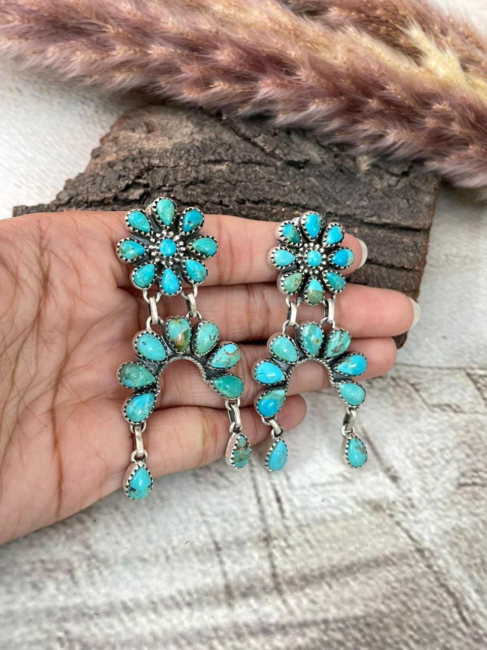 Handmade Sterling Silver Kingman Turquoise Post Dangle Earrings Signed Nizhoni