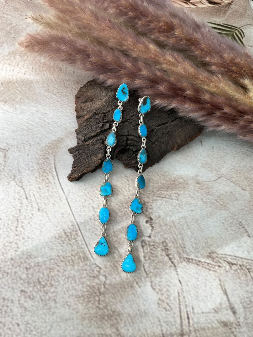 Handmade Sterling Silver Blue Kingman Turquoise Post Dangle Earrings Signed Nizhoni 7 STONE