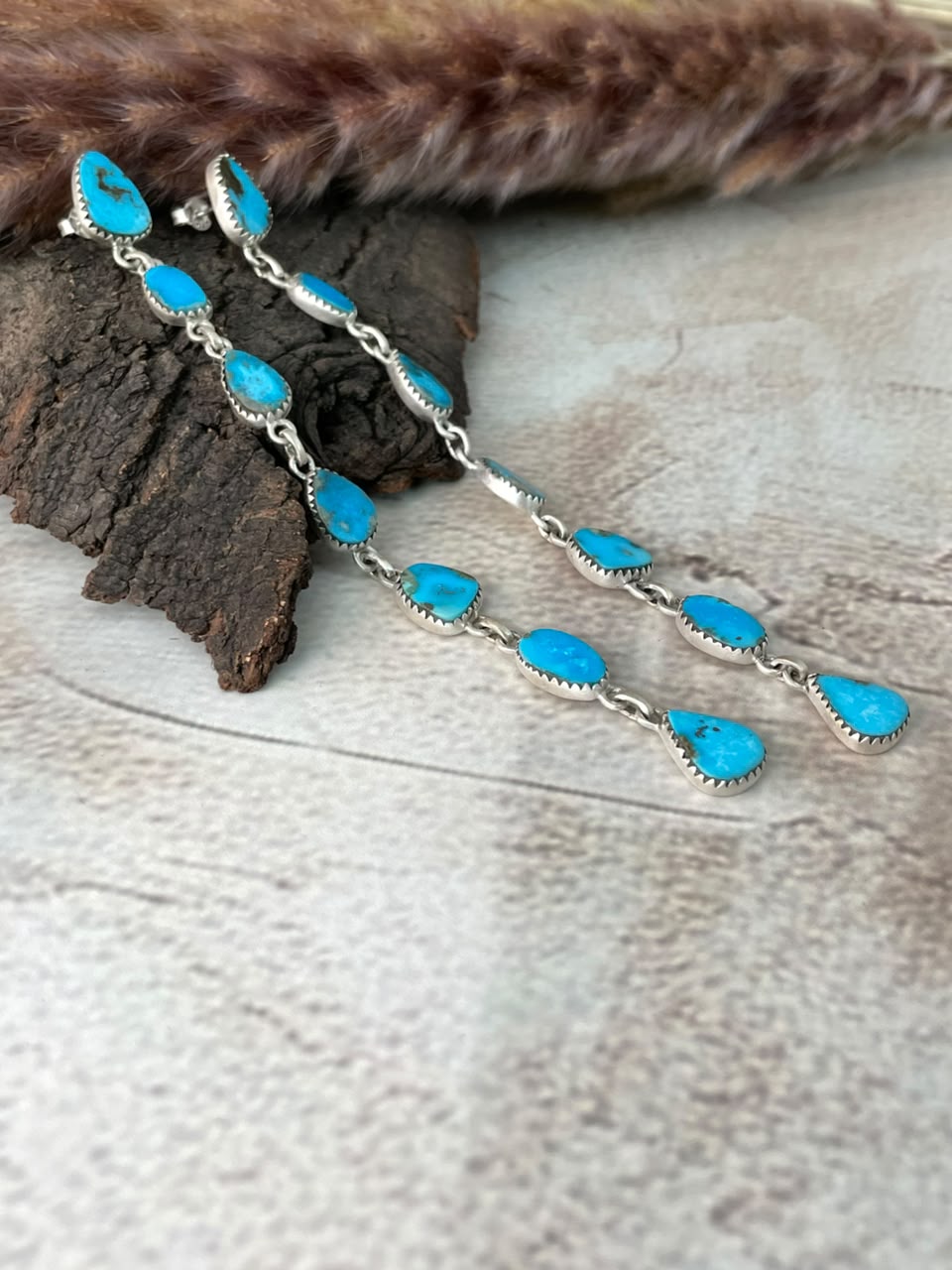 Handmade Sterling Silver Blue Kingman Turquoise Post Dangle Earrings Signed Nizhoni 7 STONE