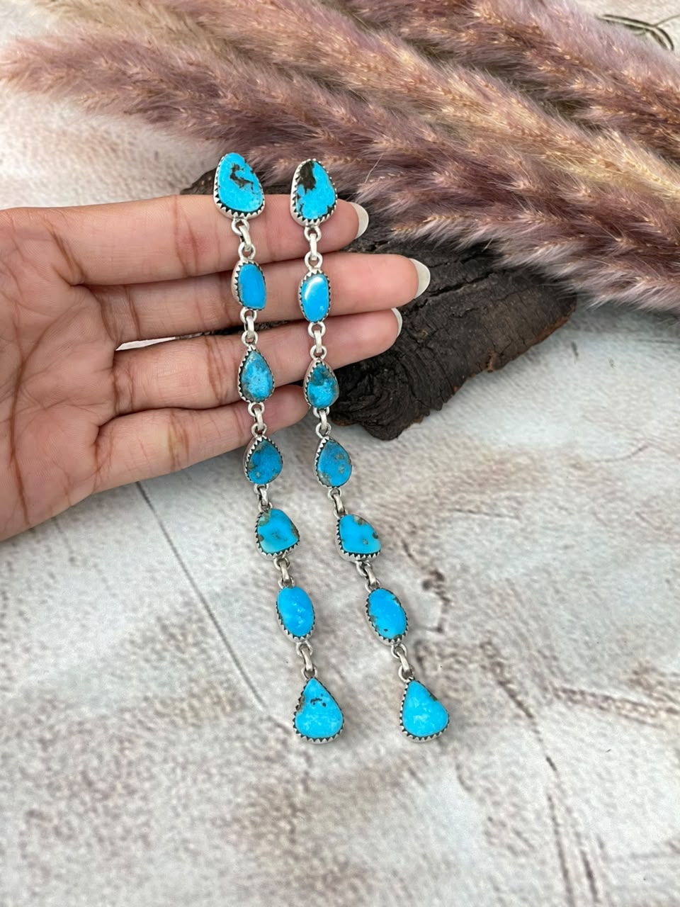 Handmade Sterling Silver Blue Kingman Turquoise Post Dangle Earrings Signed Nizhoni 7 STONE
