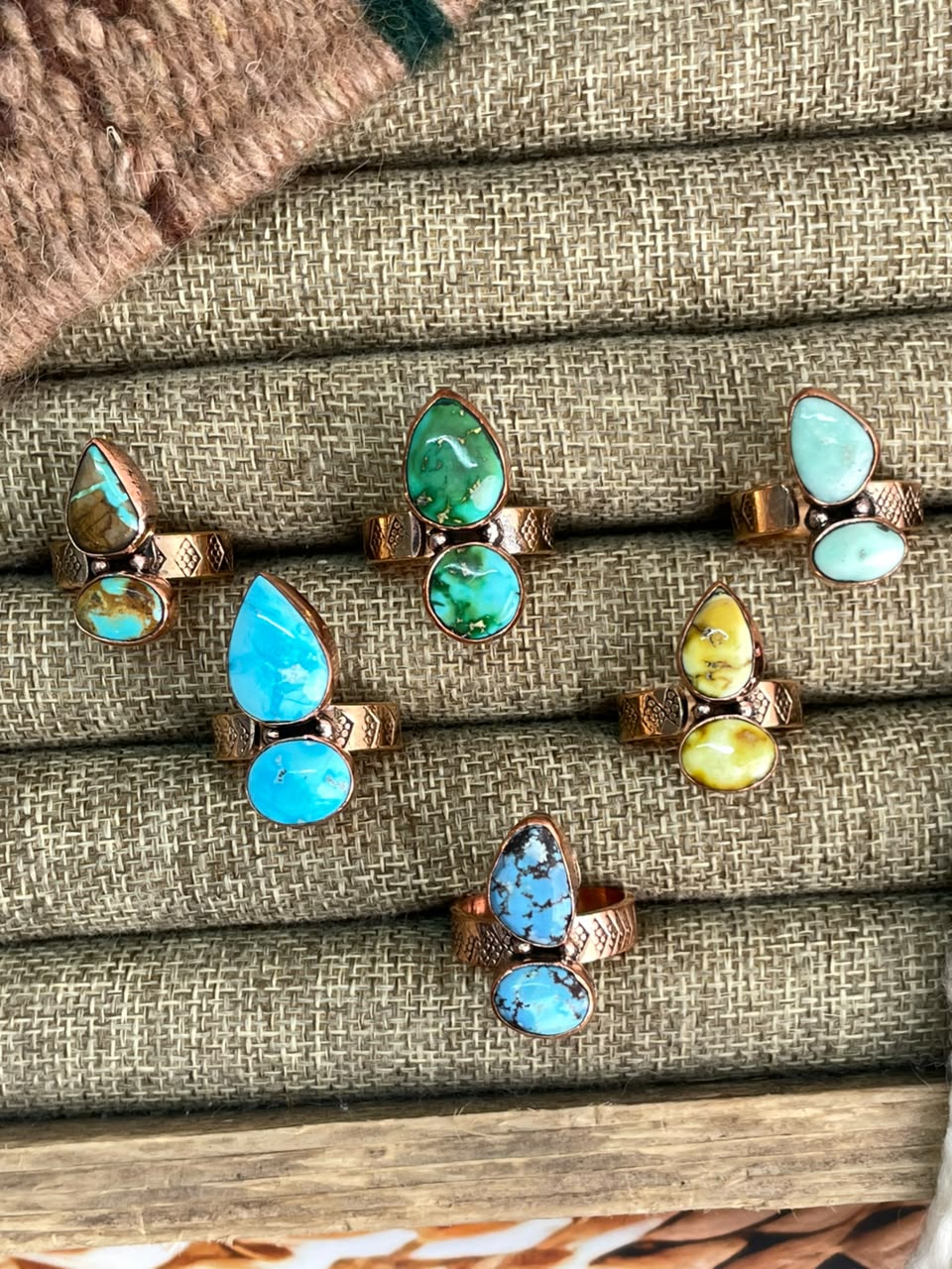 Handmade Royston, Paloma, Palomino, Sierra Bella, Sonoran Mountain and Golden Hills Turquoise Copper Collection: Adjustable Ring Signed Nizhoni