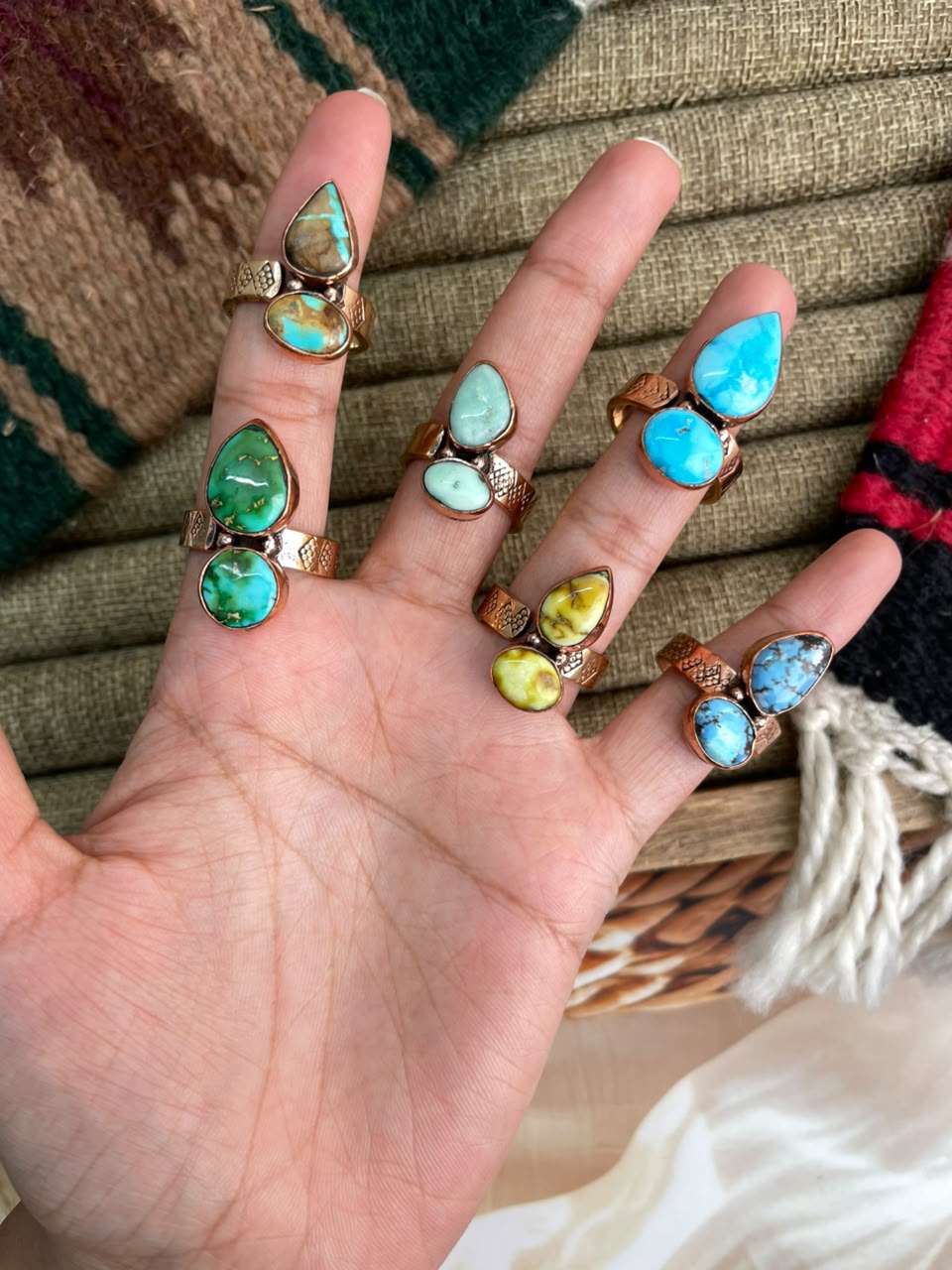 Handmade Royston, Paloma, Palomino, Sierra Bella, Sonoran Mountain and Golden Hills Turquoise Copper Collection: Adjustable Ring Signed Nizhoni
