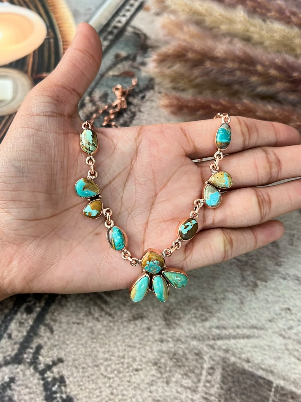 Handmade Royston, Golden Hills and Palomino Turquoise Copper Collection: Necklace Signed Nizhoni