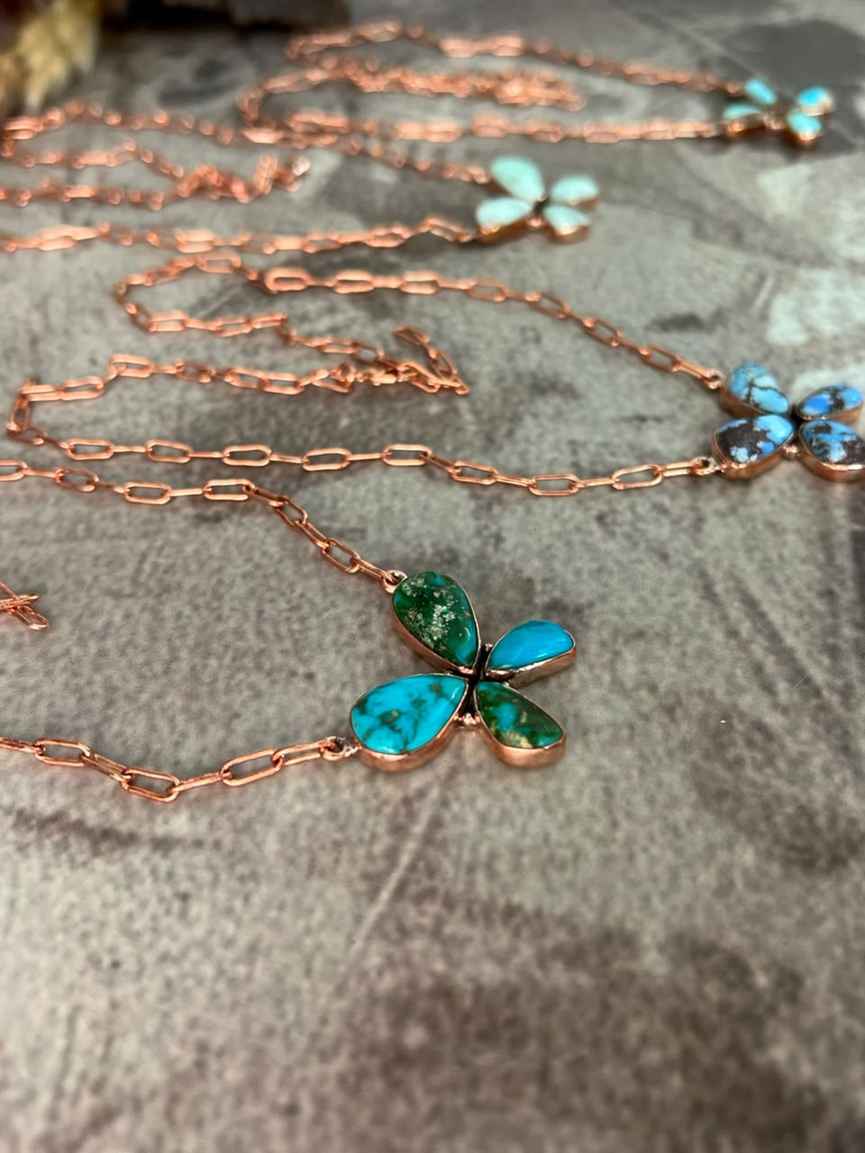 Handmade Royston, Paloma, Sonoran Mountain and Golden Hills Turquoise Copper Collection: Butterfly Necklace Signed Nizhoni