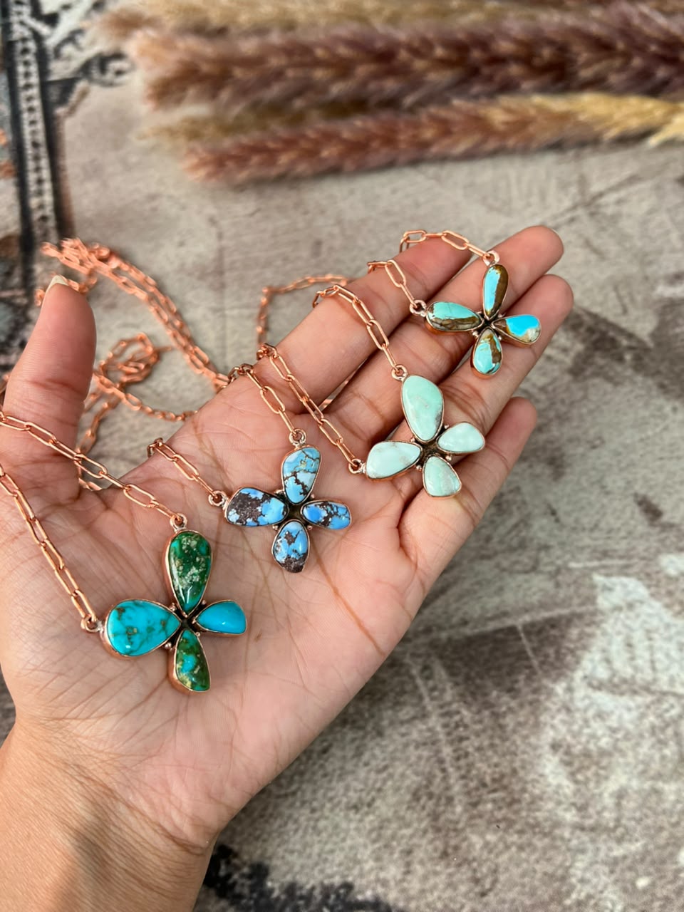 Handmade Royston, Paloma, Sonoran Mountain and Golden Hills Turquoise Copper Collection: Butterfly Necklace Signed Nizhoni