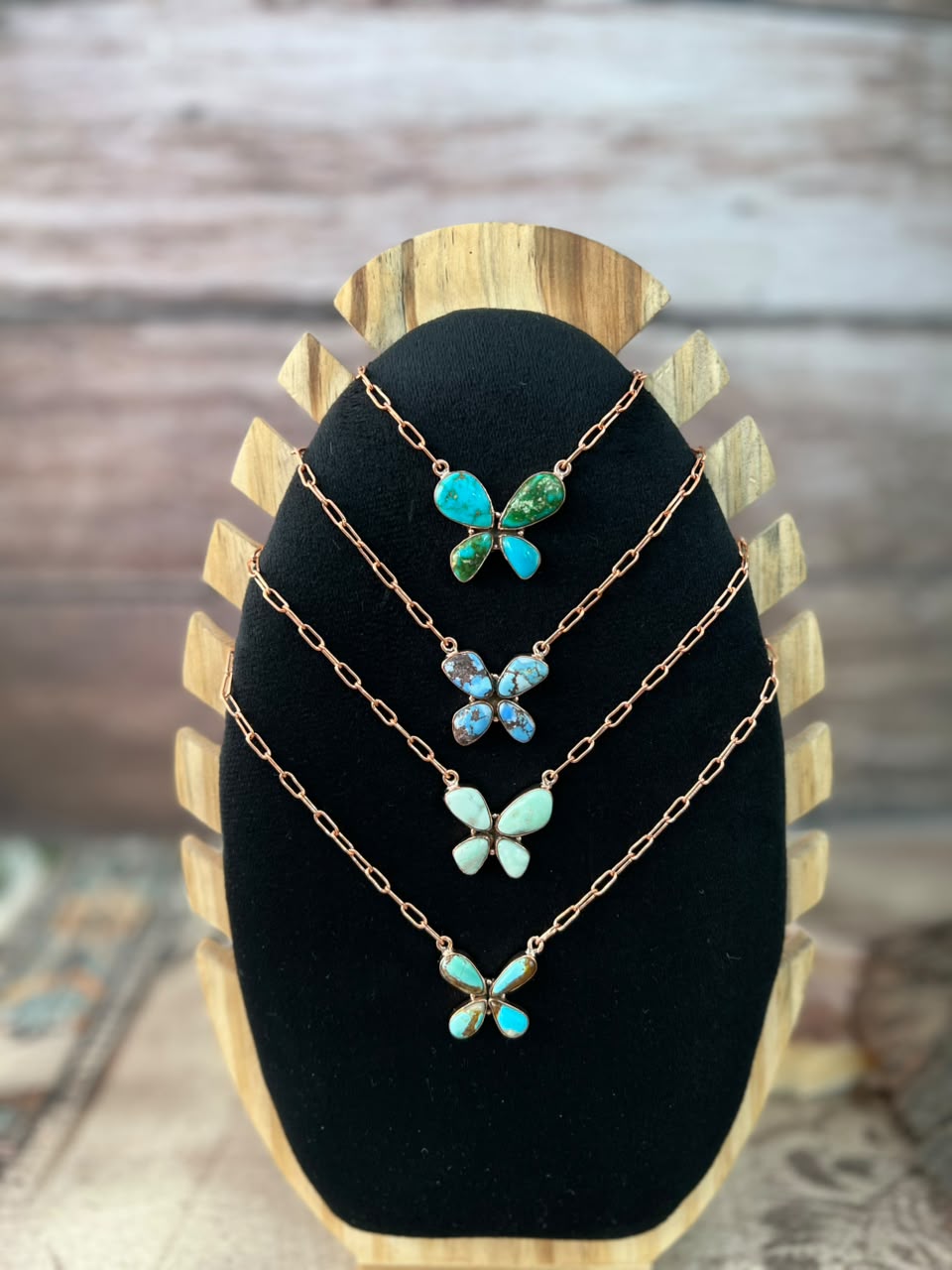 Handmade Royston, Paloma, Sonoran Mountain and Golden Hills Turquoise Copper Collection: Butterfly Necklace Signed Nizhoni