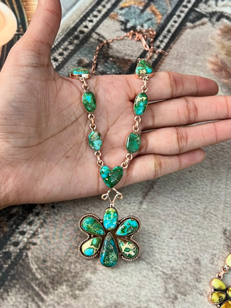 Handmade Royston, Palomino and Sonoran Mountain Turquoise Copper Collection: Necklace Signed Nizhoni