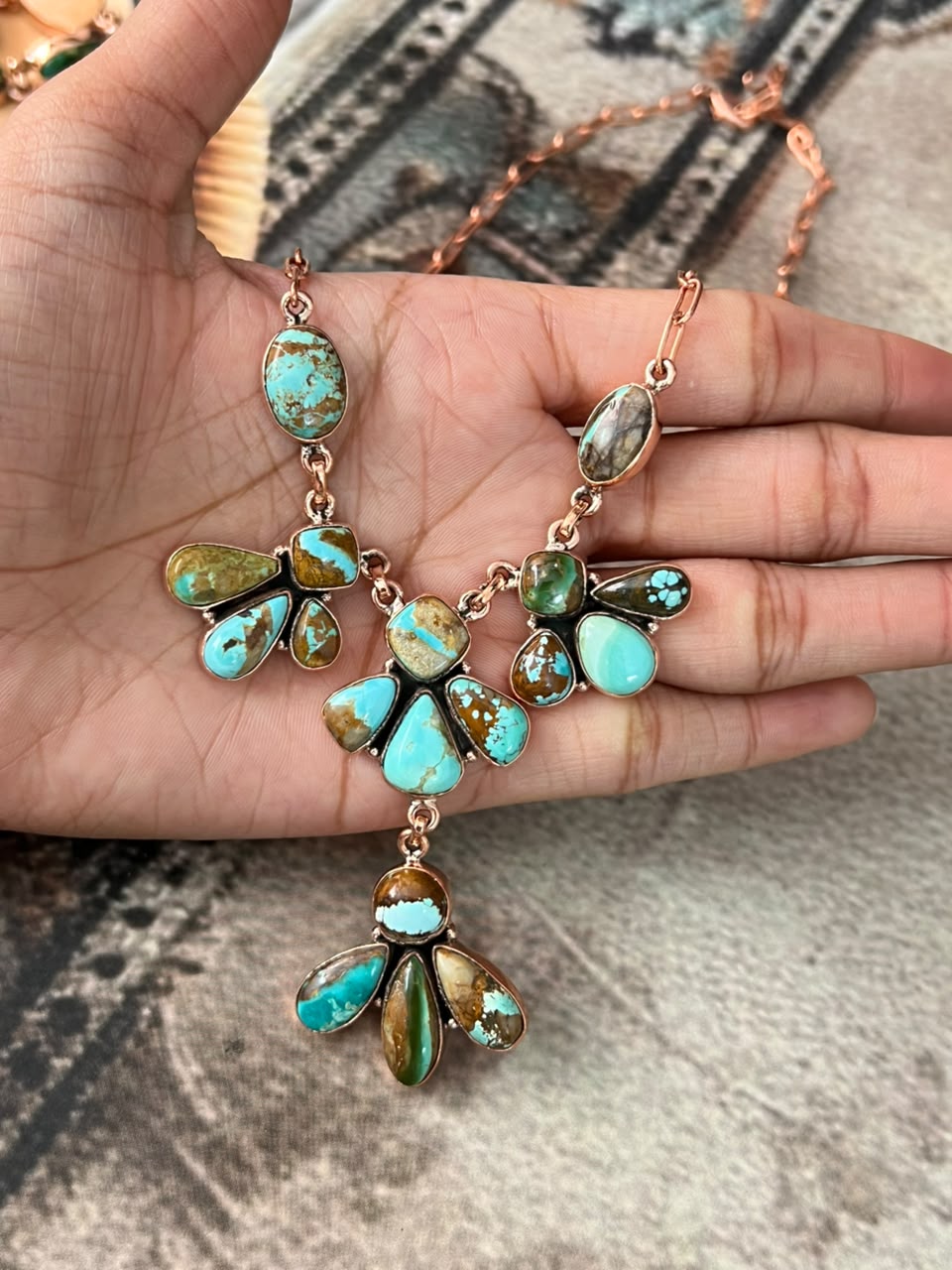 Handmade Royston, Palomino and Sonoran Mountain Turquoise Copper Collection: Necklace Signed Nizhoni