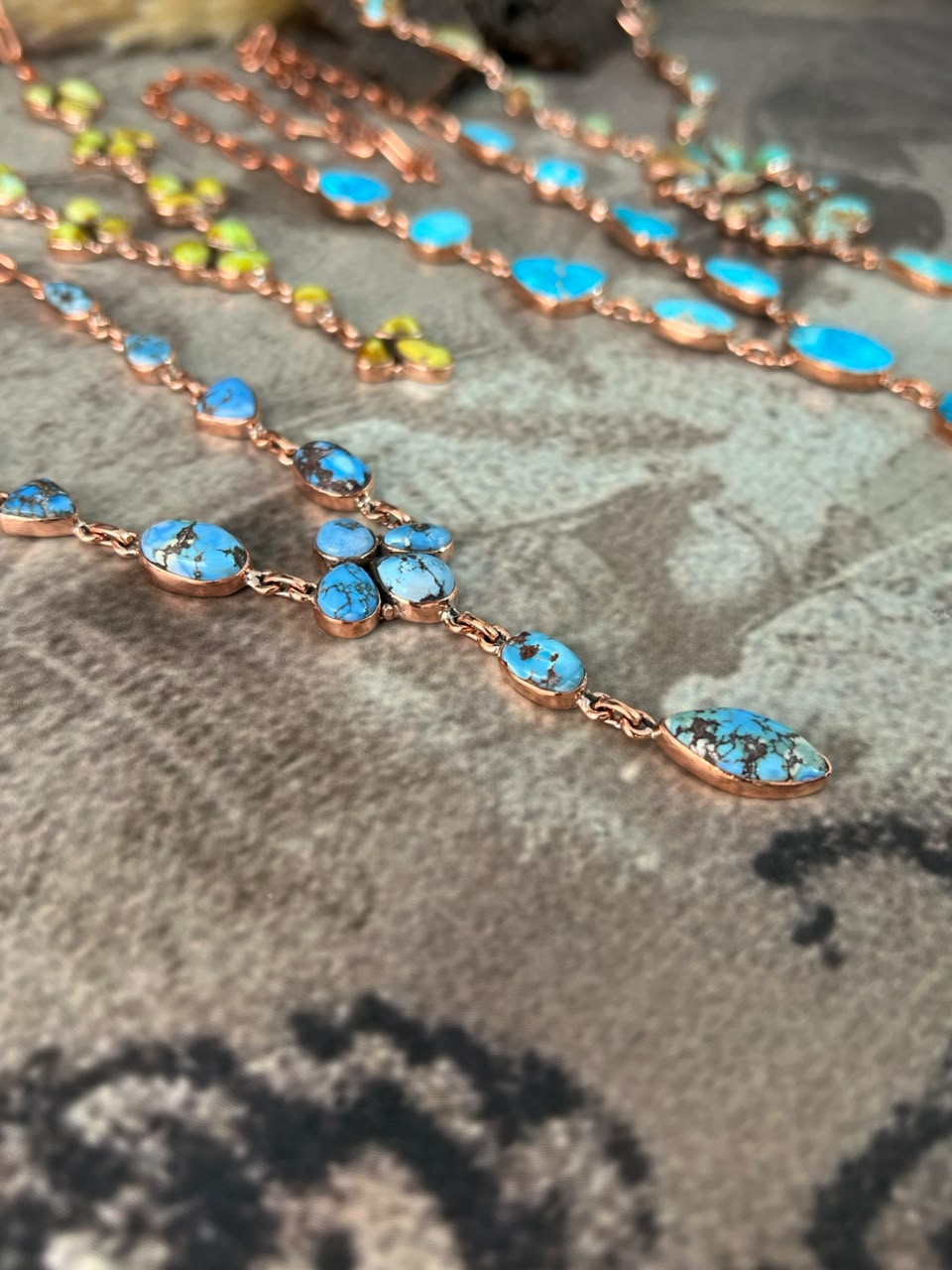 Handmade Royston, Palomino, Sierra Bella, and Golden Hills Turquoise Copper Collection: Necklace Signed Nizhoni