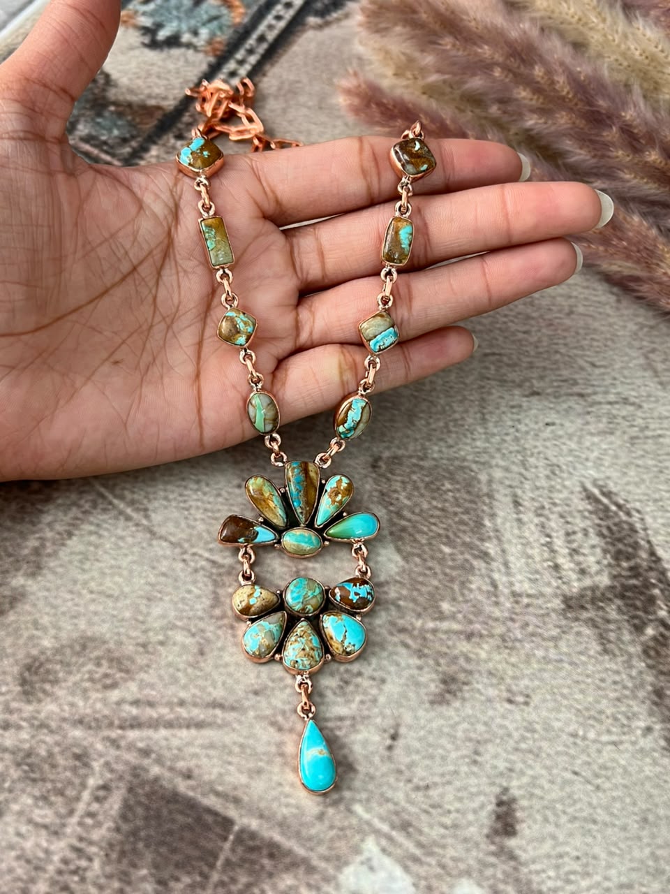 Handmade Royston, Palomino, Sierra Bella, and Golden Hills Turquoise Copper Collection: Necklace Signed Nizhoni