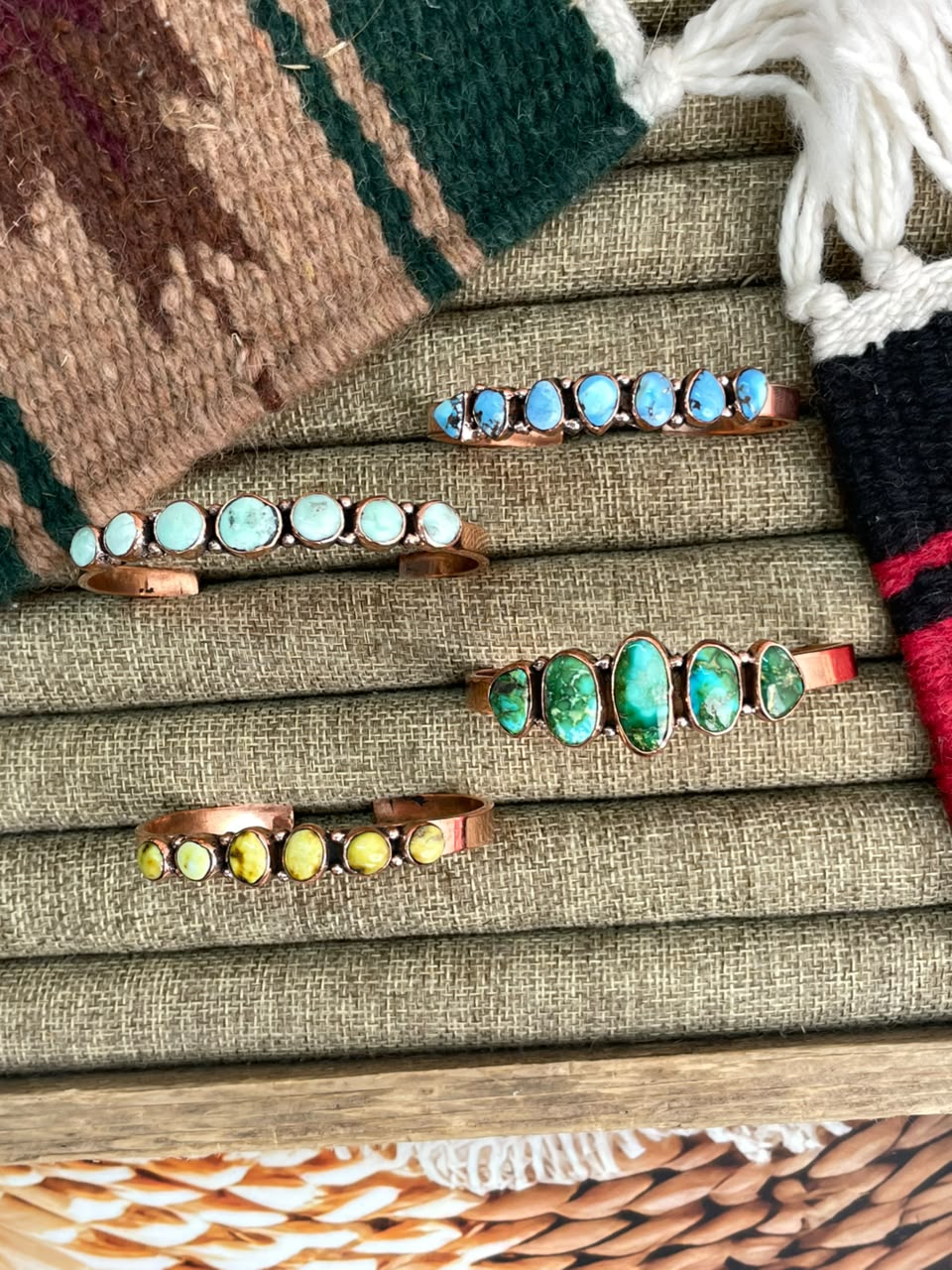Handmade Paloma, Palomino, Sonoran Mountain and Golden Hills Turquoise Copper Collection: Cuff Bracelet Signed Nizhoni