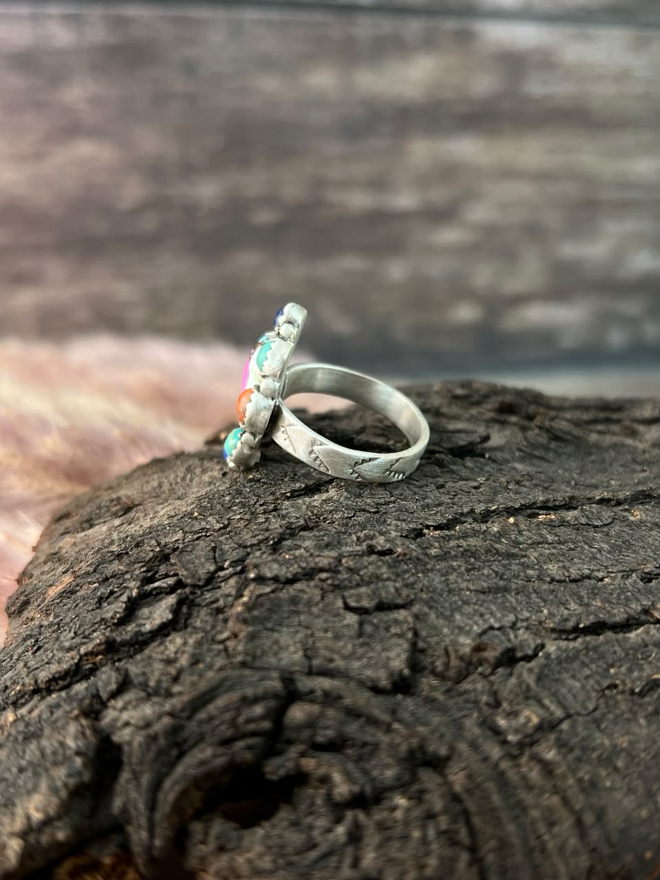 Handmade Sterling Silver Cotton Candy with Kingman Turquoise, Orange Mojave and Lapis Adjustable Ring Signed Nizhoni