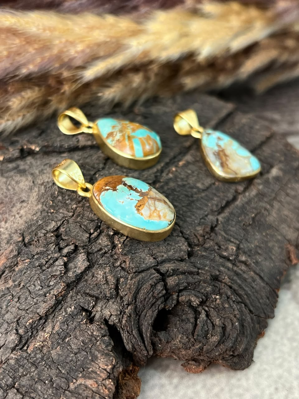 “The Golden Collection” Handmade Sterling Gold over Silver Royston Turquoise Pendant Signed Nizhoni