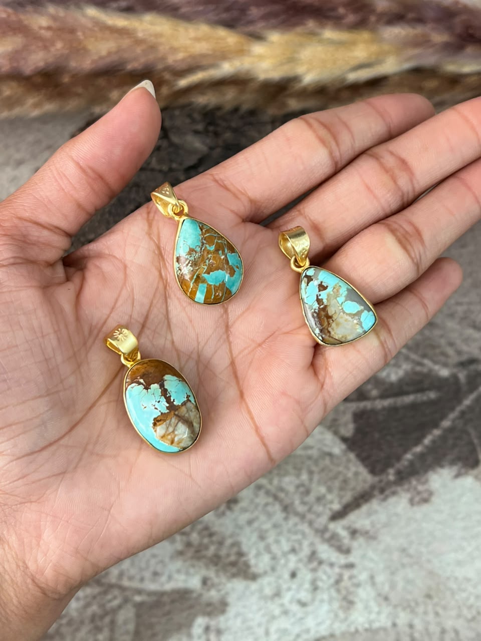 “The Golden Collection” Handmade Sterling Gold over Silver Royston Turquoise Pendant Signed Nizhoni