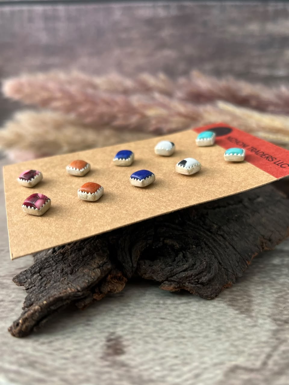 Handmade Sterling Silver Kingman Turquoise with Orange Mojave, Dahlia Rose, White Buffalo and Lapis Post Studs Card Set