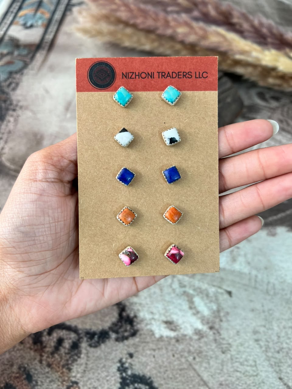 Handmade Sterling Silver Kingman Turquoise with Orange Mojave, Dahlia Rose, White Buffalo and Lapis Post Studs Card Set