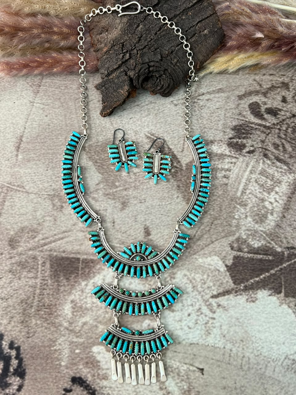 Handmade Sterling Silver Kingman Turquoise Necklace and Earrings Set Signed Nizhoni