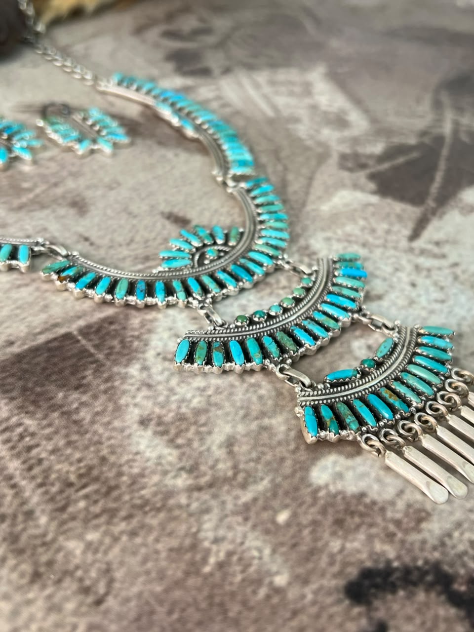 Handmade Sterling Silver Kingman Turquoise Necklace and Earrings Set Signed Nizhoni