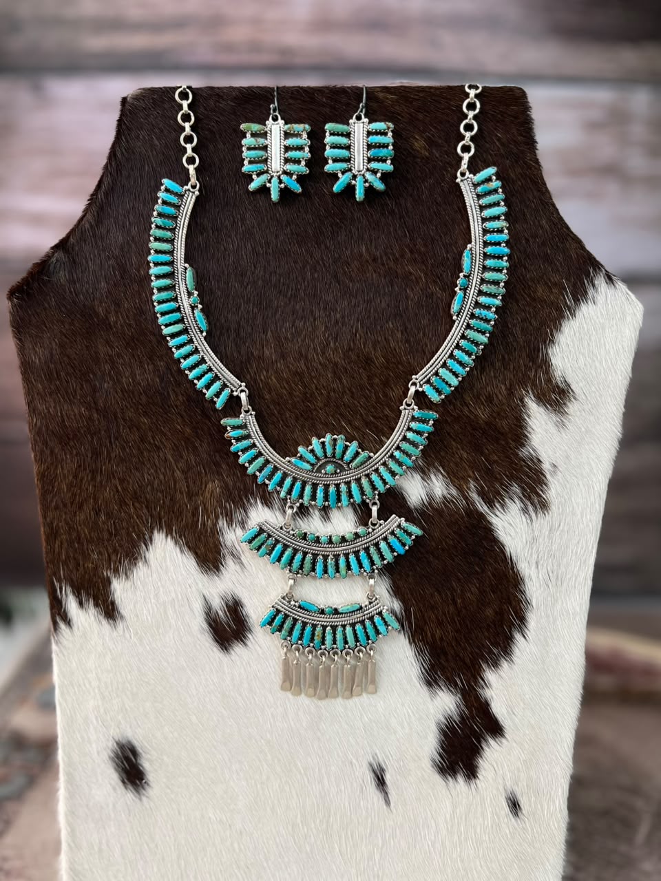 Handmade Sterling Silver Kingman Turquoise Necklace and Earrings Set Signed Nizhoni