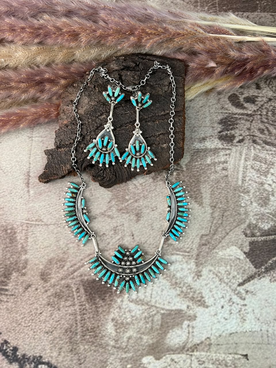 Handmade Sterling Silver Kingman Turquoise Necklace and Earrings Set Signed Nizhoni