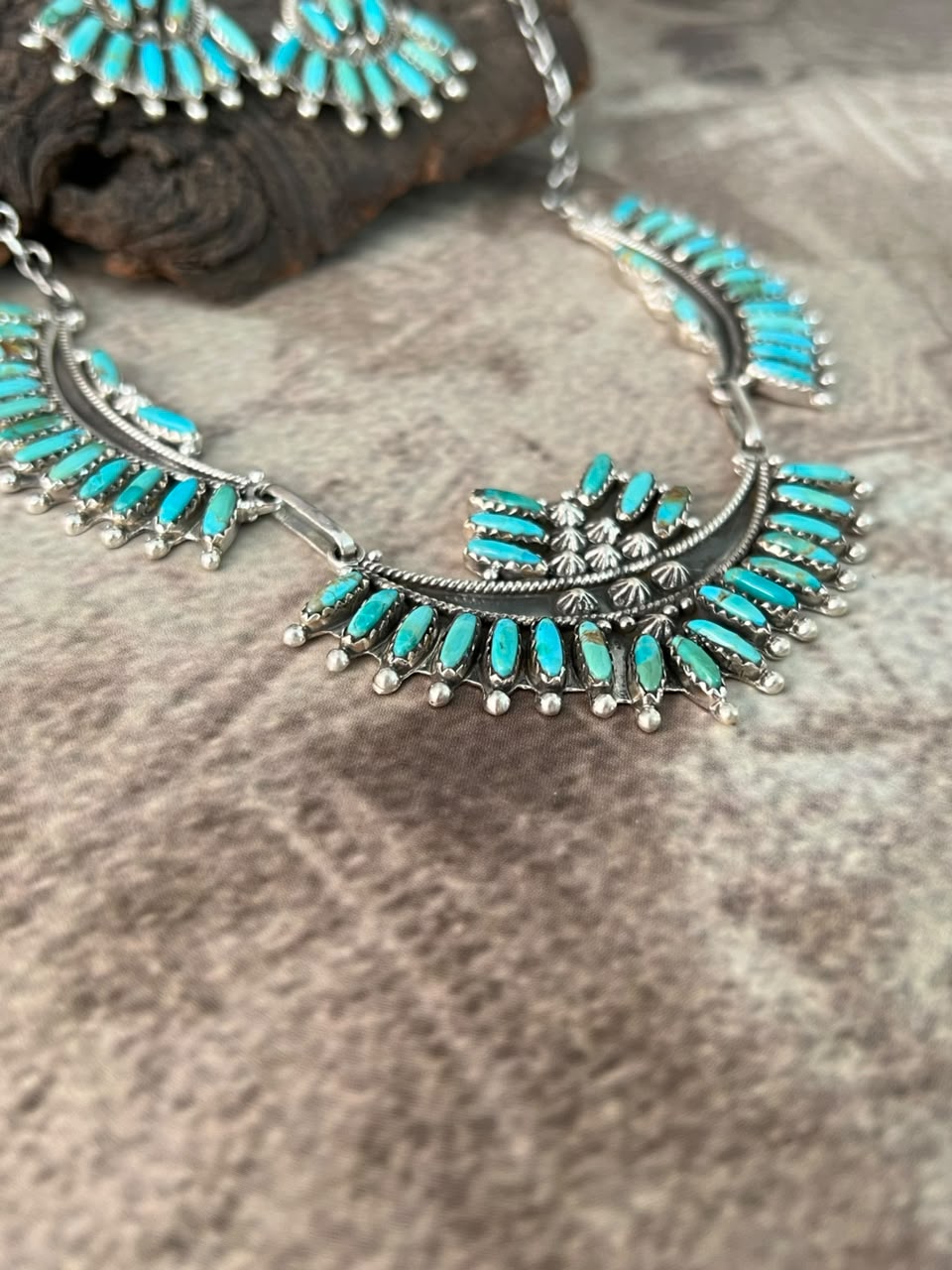 Handmade Sterling Silver Kingman Turquoise Necklace and Earrings Set Signed Nizhoni