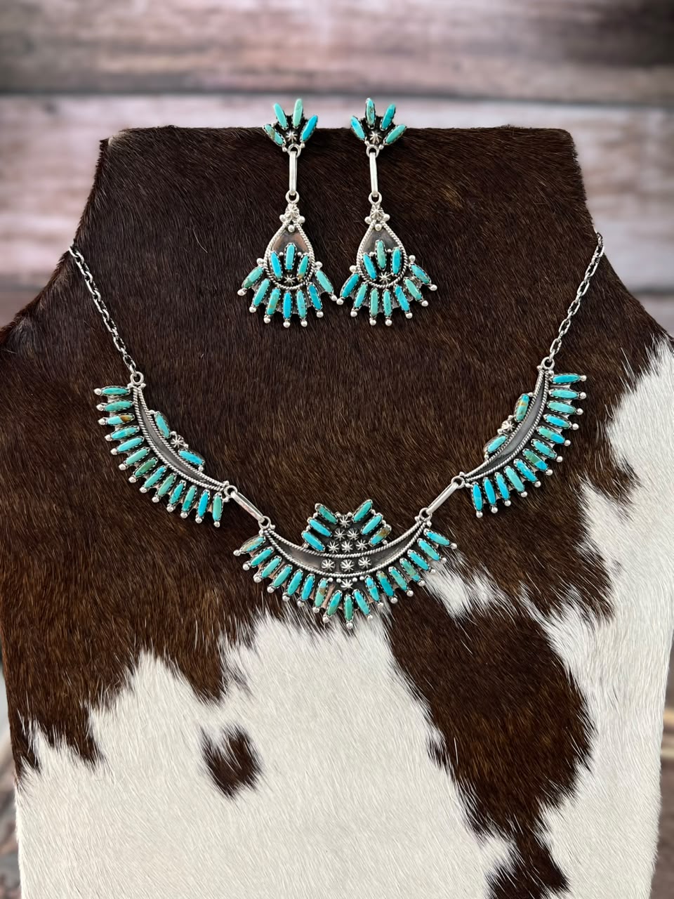Handmade Sterling Silver Kingman Turquoise Necklace and Earrings Set Signed Nizhoni