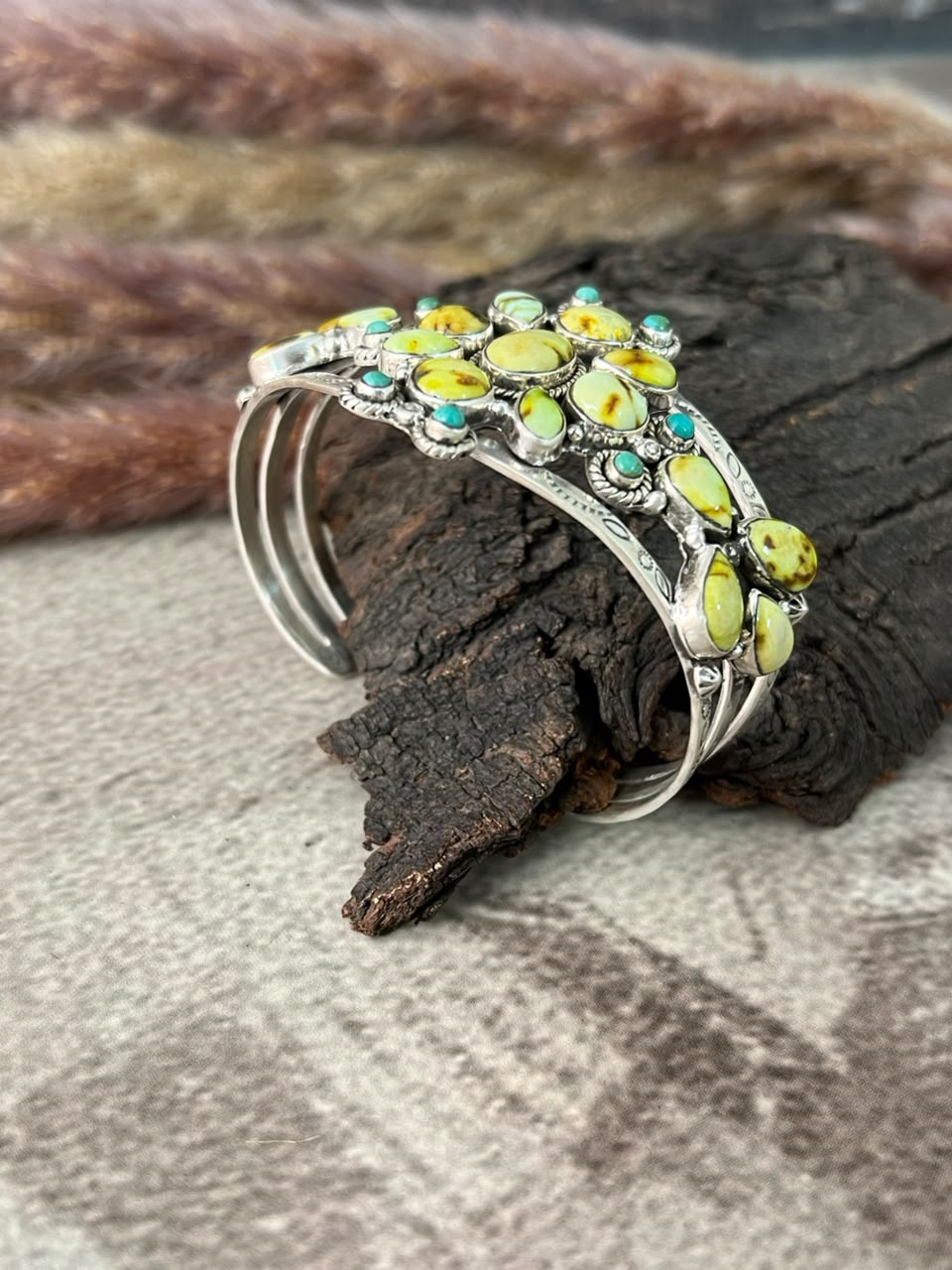 Handmade Sterling Silver Palomino Turquoise with Kingman Turquoise Cuff Bracelet Signed Nizhoni