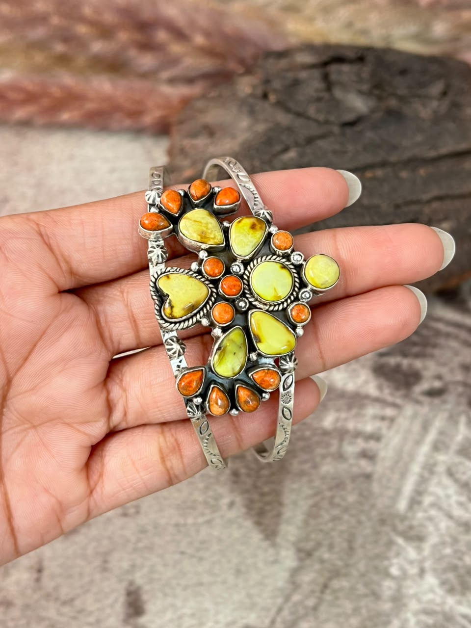 Handmade Sterling Silver Palomino Turquoise with Orange Mojave Cuff Bracelet Signed Nizhoni