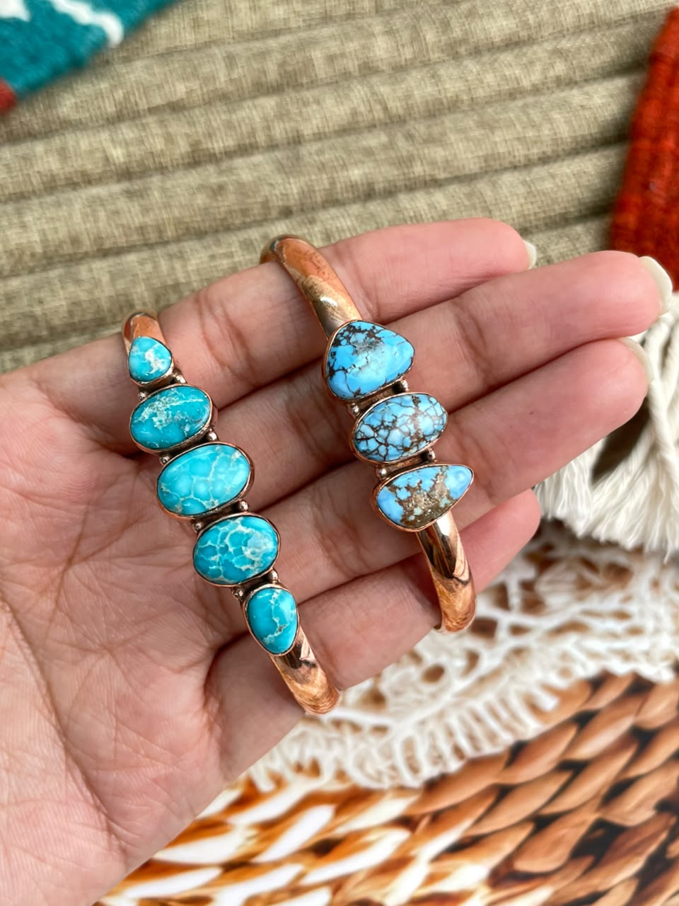 Handmade Golden Hills and  White Water Turquoise Copper Collection: Cuff Bracelet Signed Nizhoni