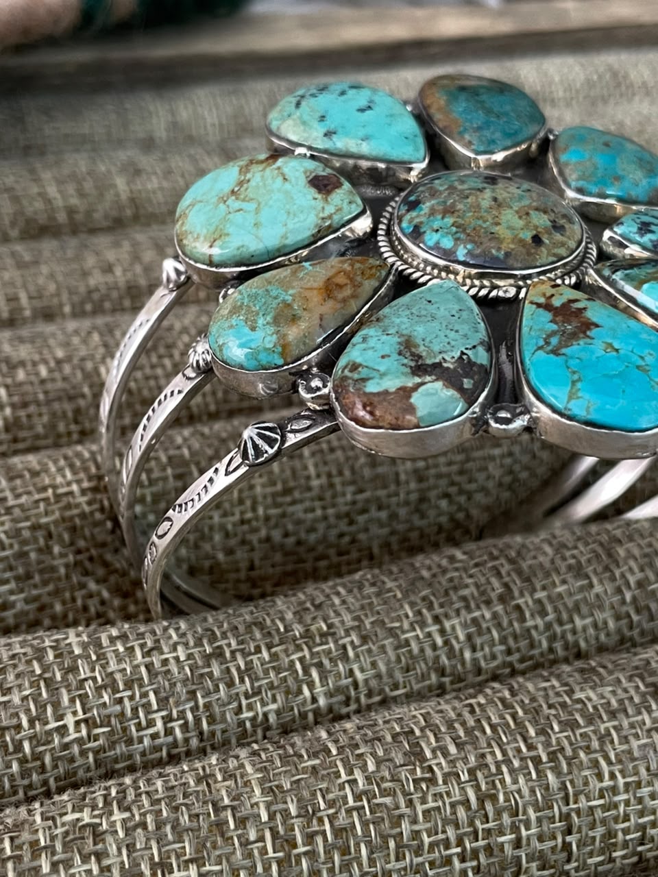 Handmade Sterling Silver Manassa Turquoise Cuff Bracelet Signed Nizhoni