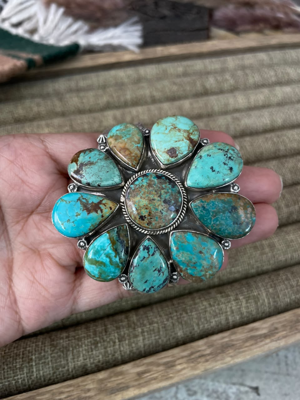 Handmade Sterling Silver Manassa Turquoise Cuff Bracelet Signed Nizhoni