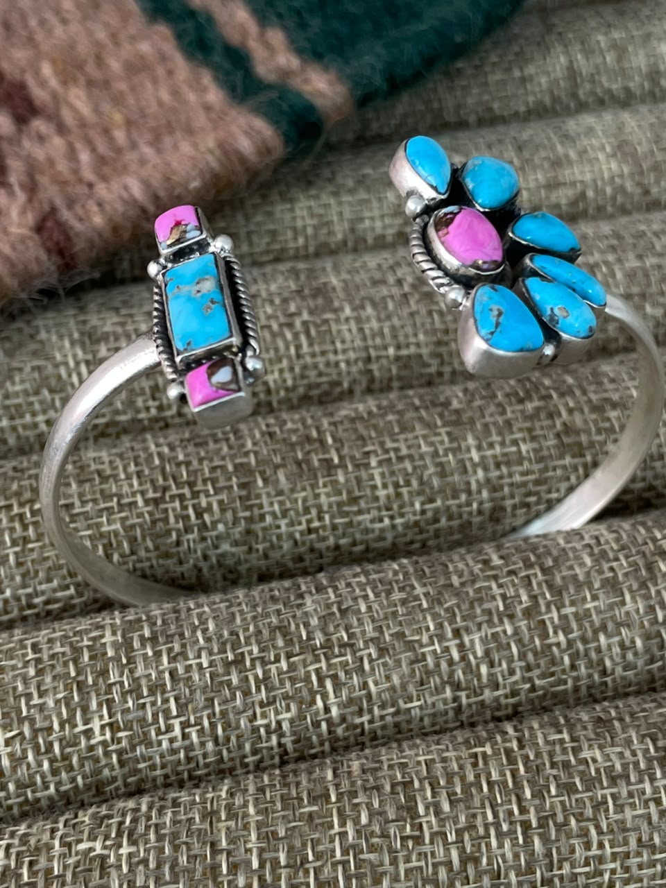 Handmade Sterling Silver Cotton Candy with Sierra Bella Turquoise Cuff Bracelet Signed Nizhoni