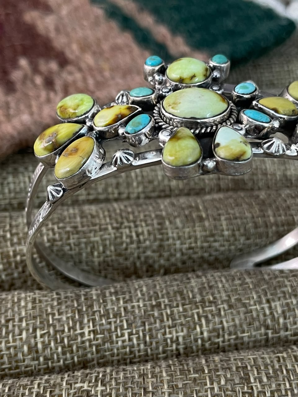Handmade Sterling Silver Palomino with Kingman Turquoise Cuff Bracelet Signed Nizhoni