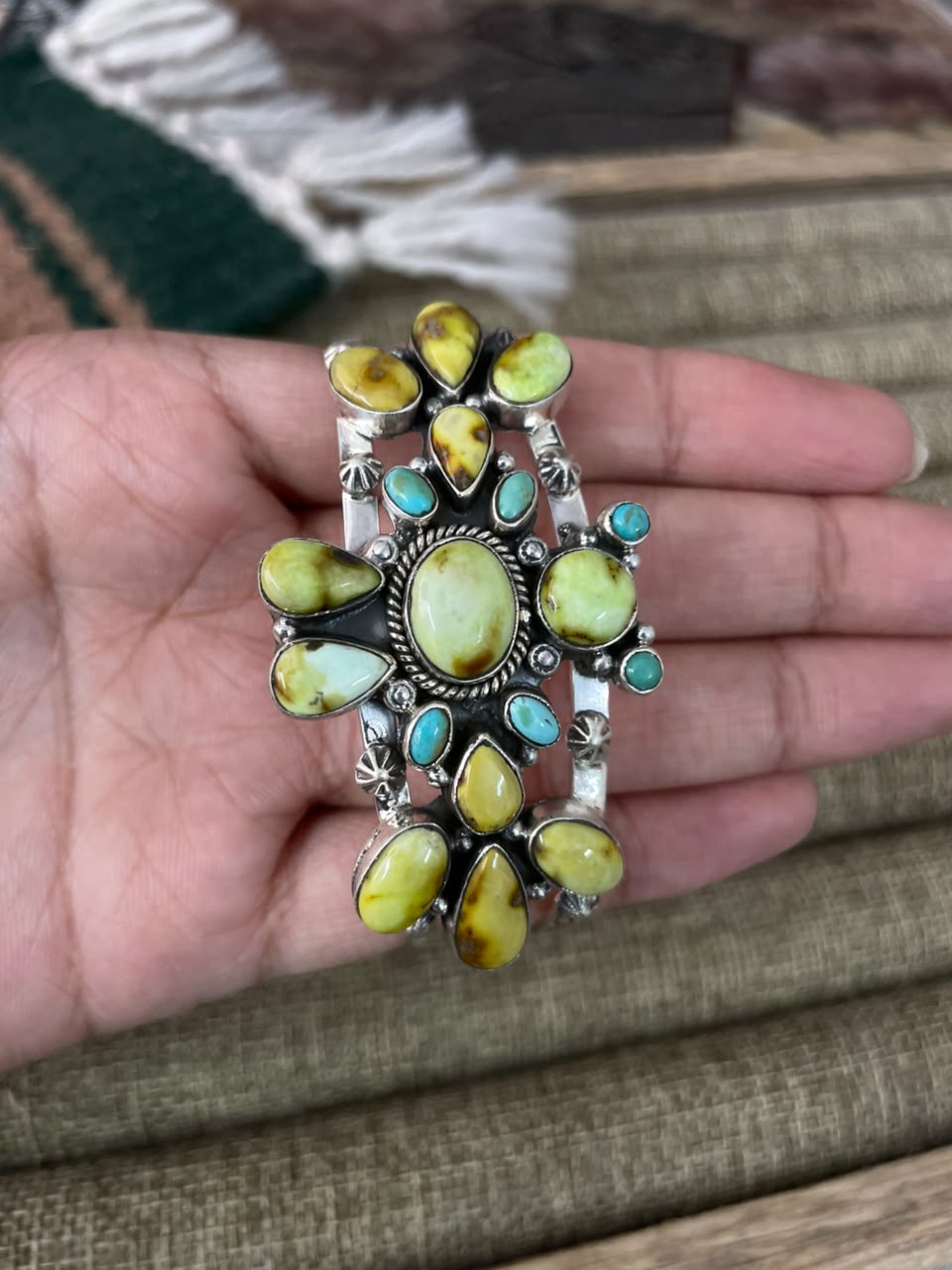 Handmade Sterling Silver Palomino with Kingman Turquoise Cuff Bracelet Signed Nizhoni