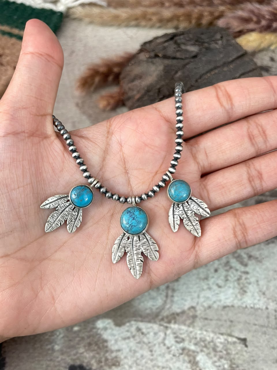 Handmade Sterling Silver Kingman Turquoise Beaded Necklace Signed Nizhoni