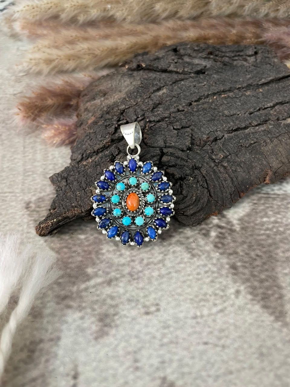 Handmade Sterling Silver Kingman Turquoise with Orange Mojave and Lapis Pendant Signed Nizhoni