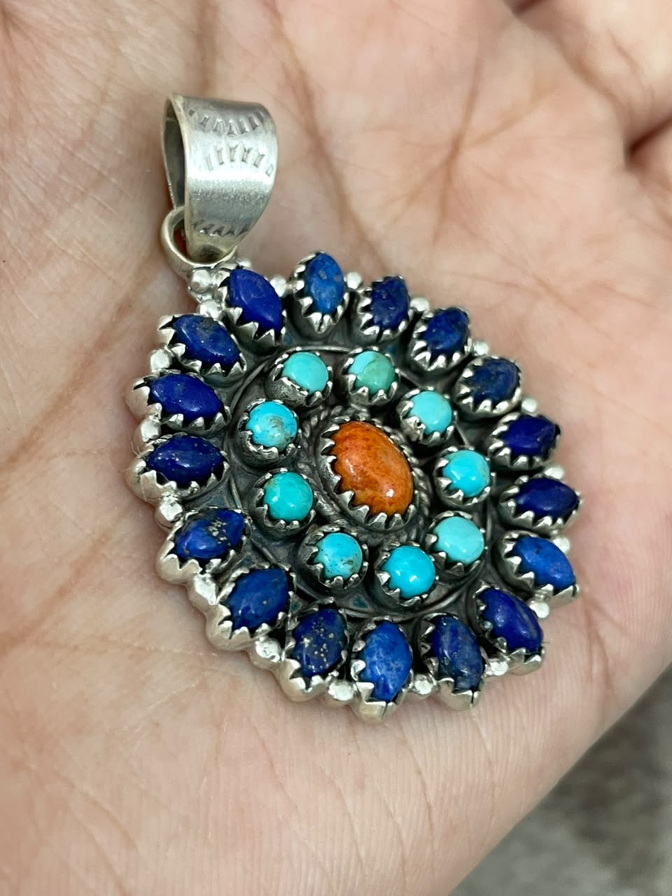 Handmade Sterling Silver Kingman Turquoise with Orange Mojave and Lapis Pendant Signed Nizhoni