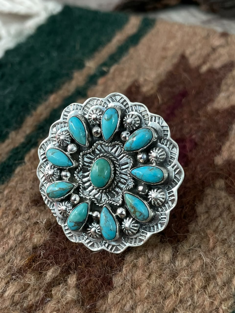 Handmade Sterling Silver Kingman Turquoise Adjustable Ring Signed Nizhoni
