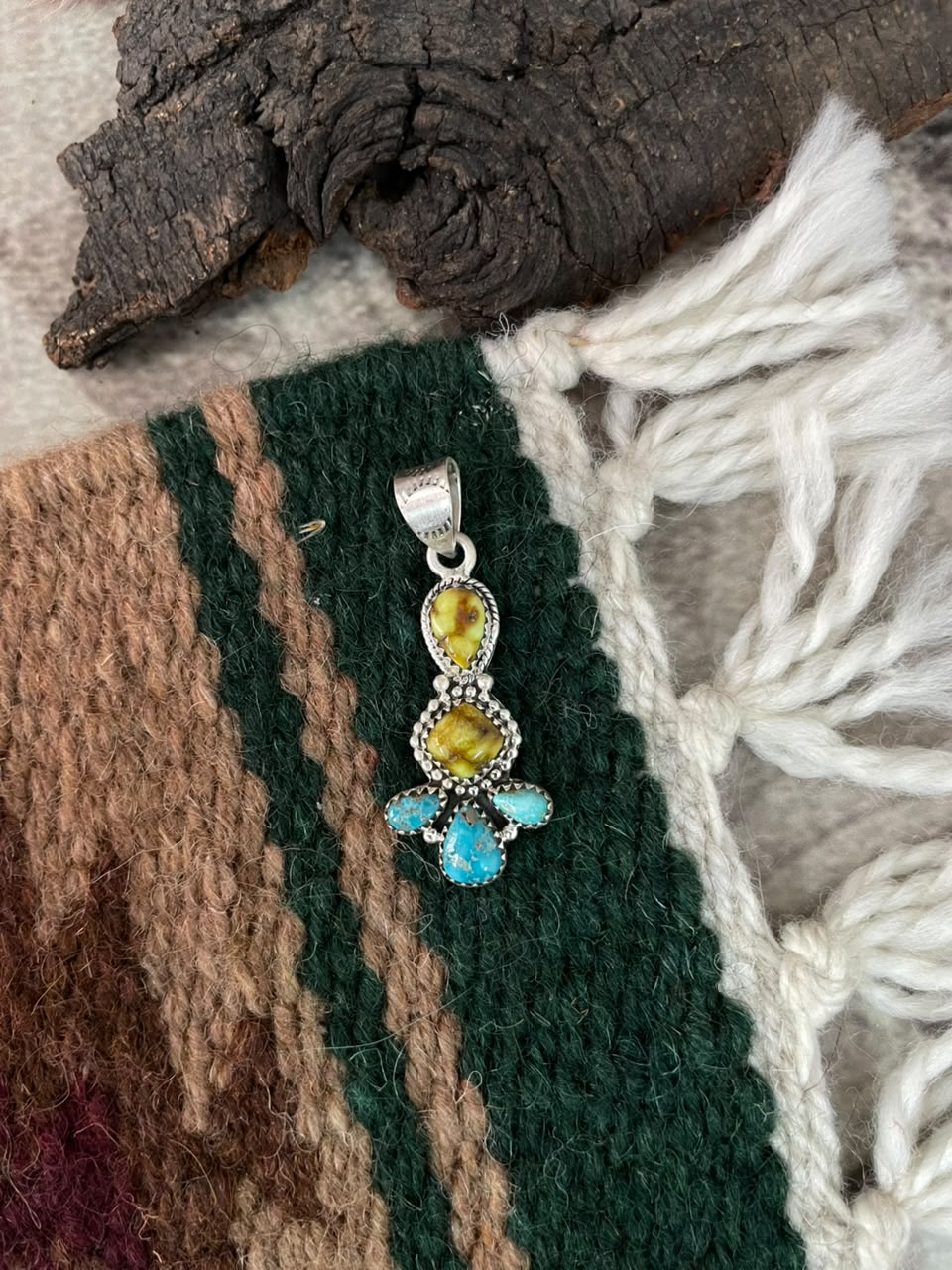 Handmade Sterling Silver White water with Palomino Turquoise Pendant Signed Nizhoni