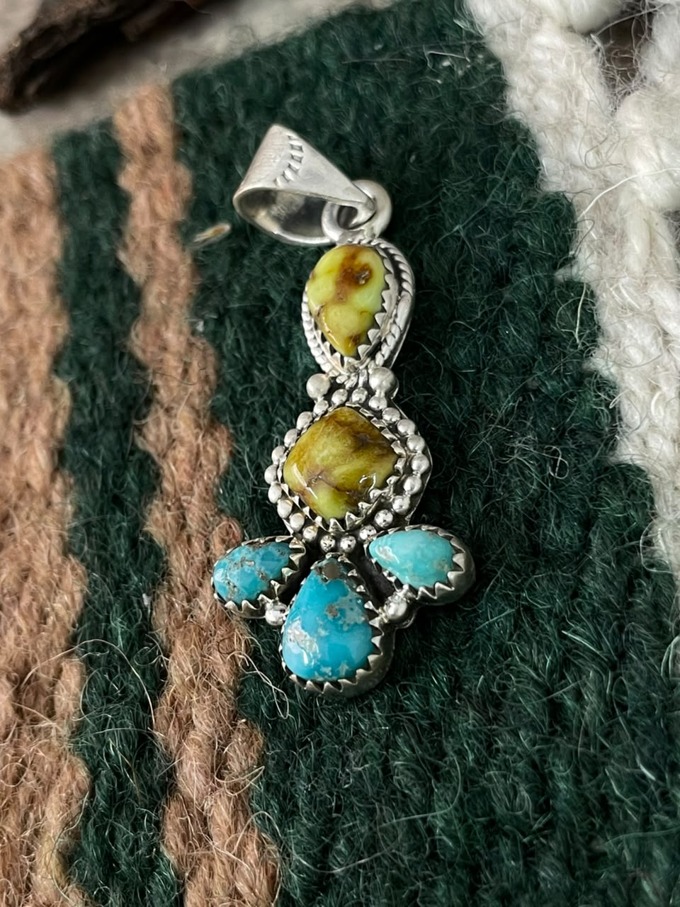 Handmade Sterling Silver White water with Palomino Turquoise Pendant Signed Nizhoni