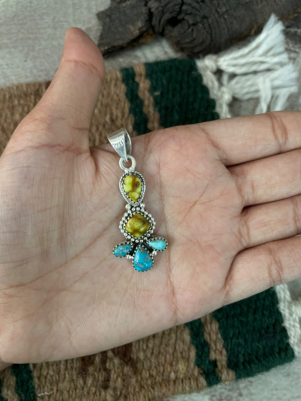 Handmade Sterling Silver White water with Palomino Turquoise Pendant Signed Nizhoni