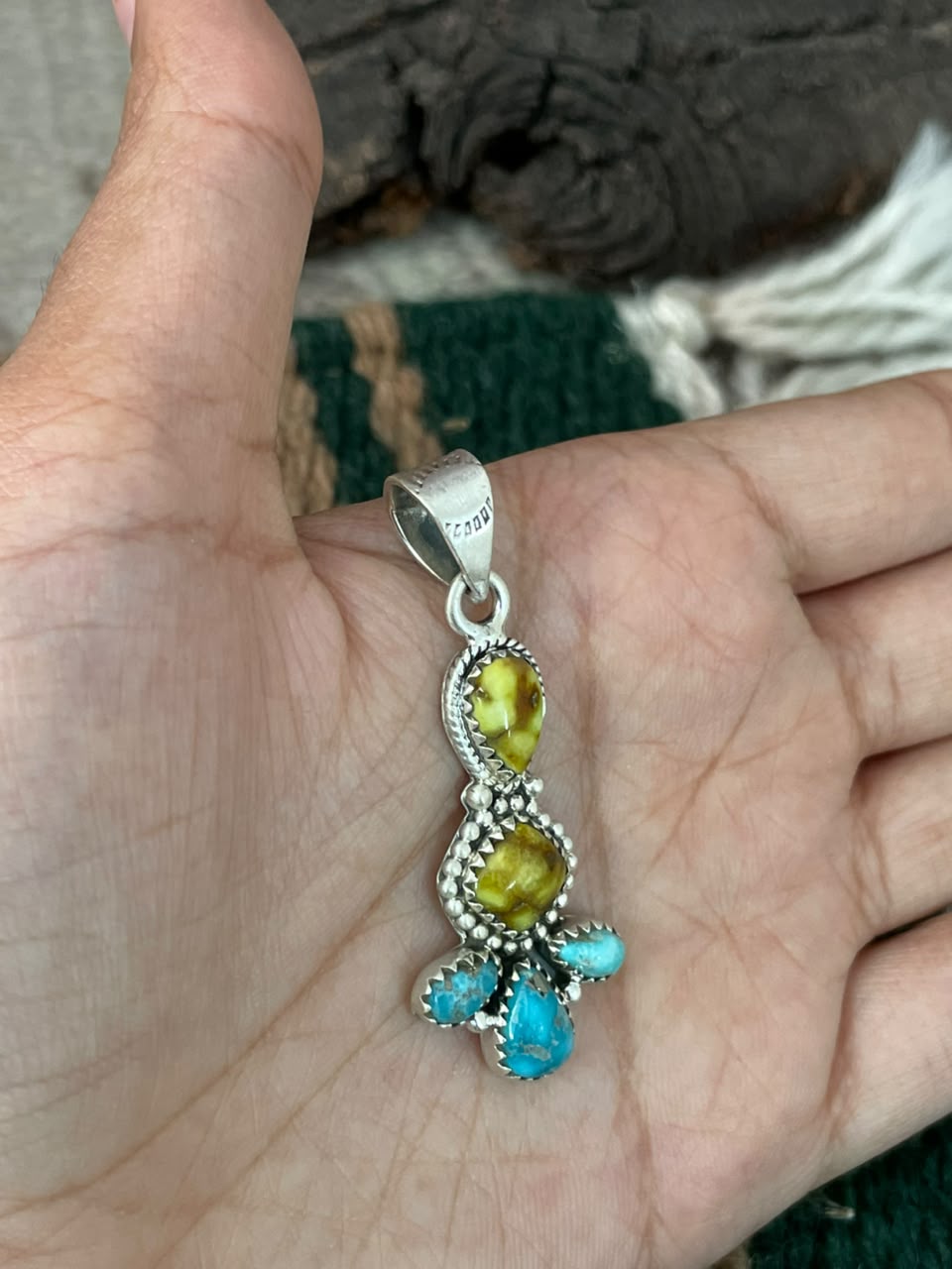 Handmade Sterling Silver White water with Palomino Turquoise Pendant Signed Nizhoni