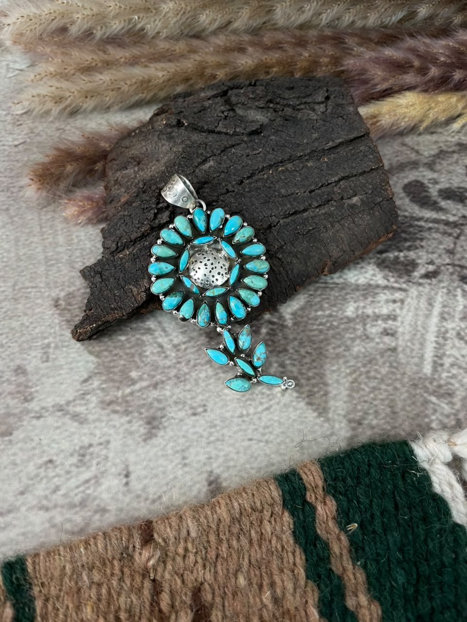 Handmade Sterling Silver Kingman Turquoise Flower Pendant Signed Nizhoni
